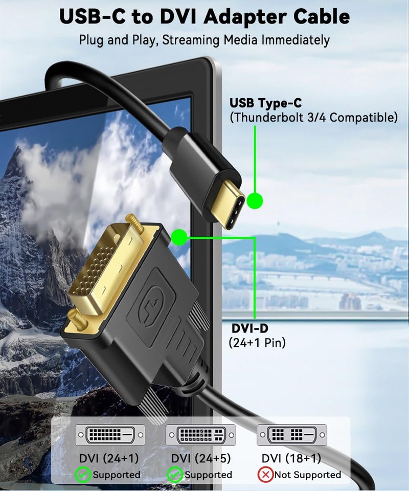 Herfair 3Feet USB C to DVI Adapter Cable Type-C to DVI (24+1 Pin) Cord Thunderbolt Compatible with MacBook/iPad Pro,XPS 17,Steam Deck,Switch,Laptop,iPhone 17/16/15,Galaxy S23/S24,etc - Image 2